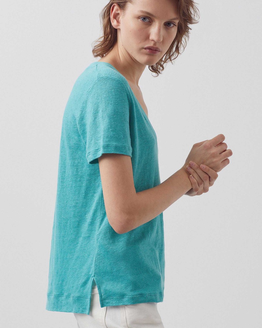 T-Shirts / D Bardeurs | Comptoir des Cotonniers Sarah - T-Shirt Col V En Lin Pagoda Blue Blue