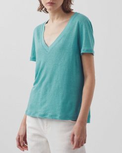 T-Shirts / D Bardeurs | Comptoir des Cotonniers Sarah - T-Shirt Col V En Lin Pagoda Blue Blue