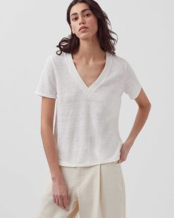 T-Shirts / D Bardeurs | Comptoir des Cotonniers Sarah - T-Shirt Col V En Lin Brillant White